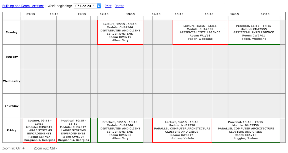My university timetable for a future week, beginning 7th December 2015